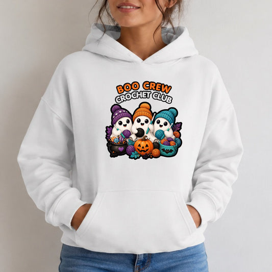 Halloween Ghost Crew Hoodie — "Boo Crew Crochet Club" Cute Spooky Skull Pumpkin Design