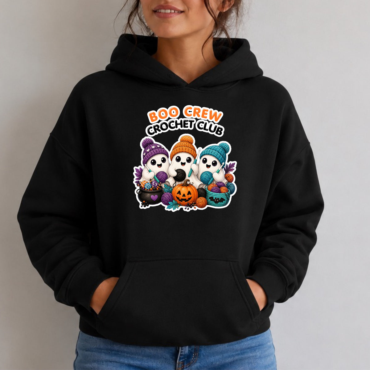 Halloween Ghost Crew Hoodie — "Boo Crew Crochet Club" Cute Spooky Skull Pumpkin Design