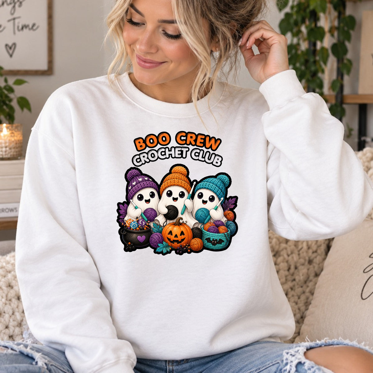Crewneck Sweatshirt — "Boo Crew Crochet Club" Cute Halloween Ghosts