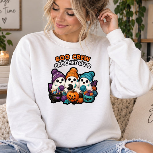 Crewneck Sweatshirt — "Boo Crew Crochet Club" Cute Halloween Ghosts