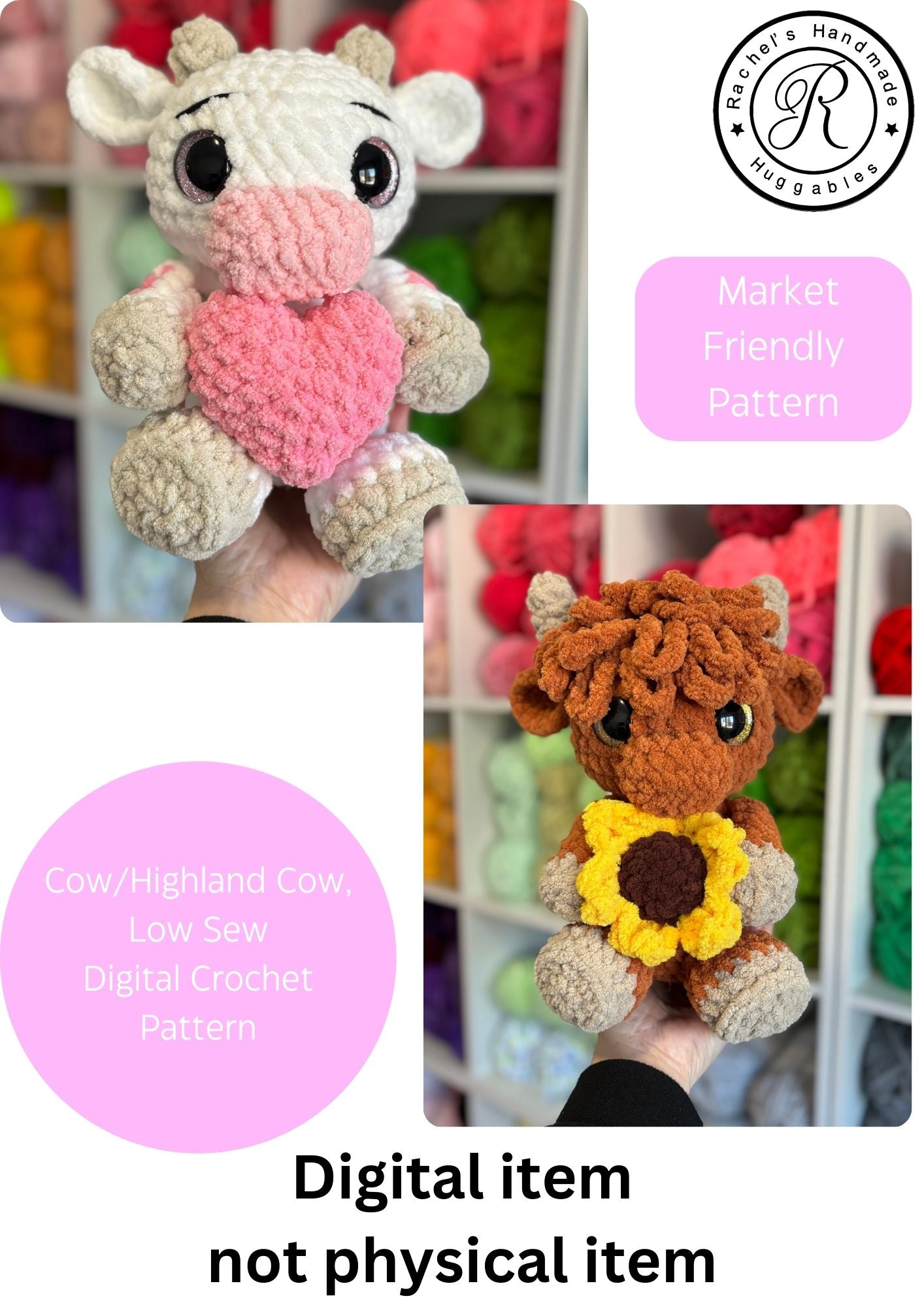 Cow and Highland Cow Digital Crochet Pattern, Low Sew (PDF Pattern)