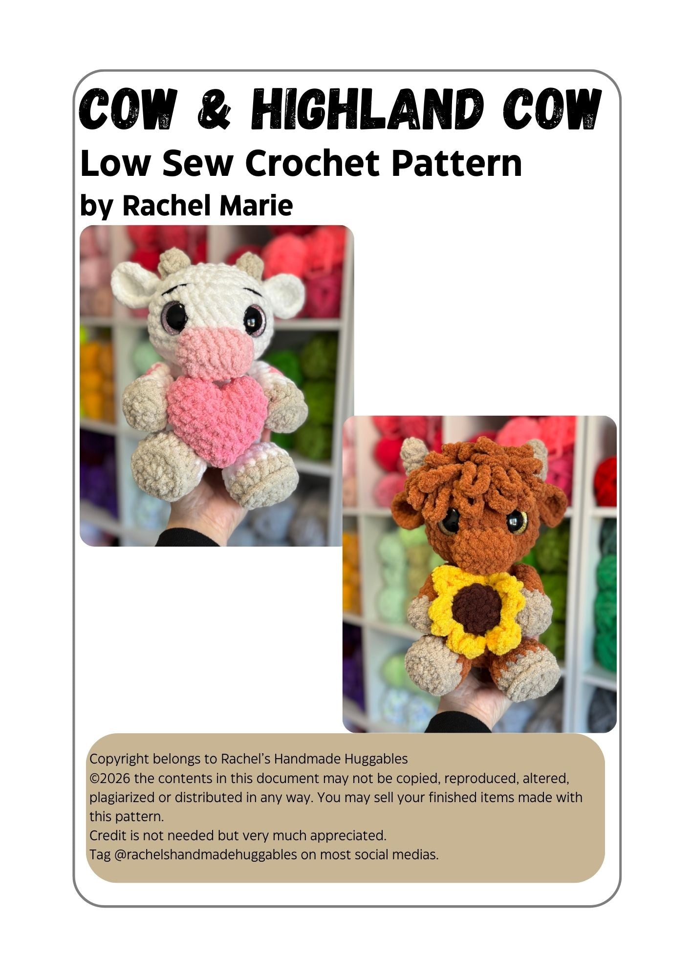 Cow and Highland Cow Digital Crochet Pattern, Low Sew (PDF Pattern)