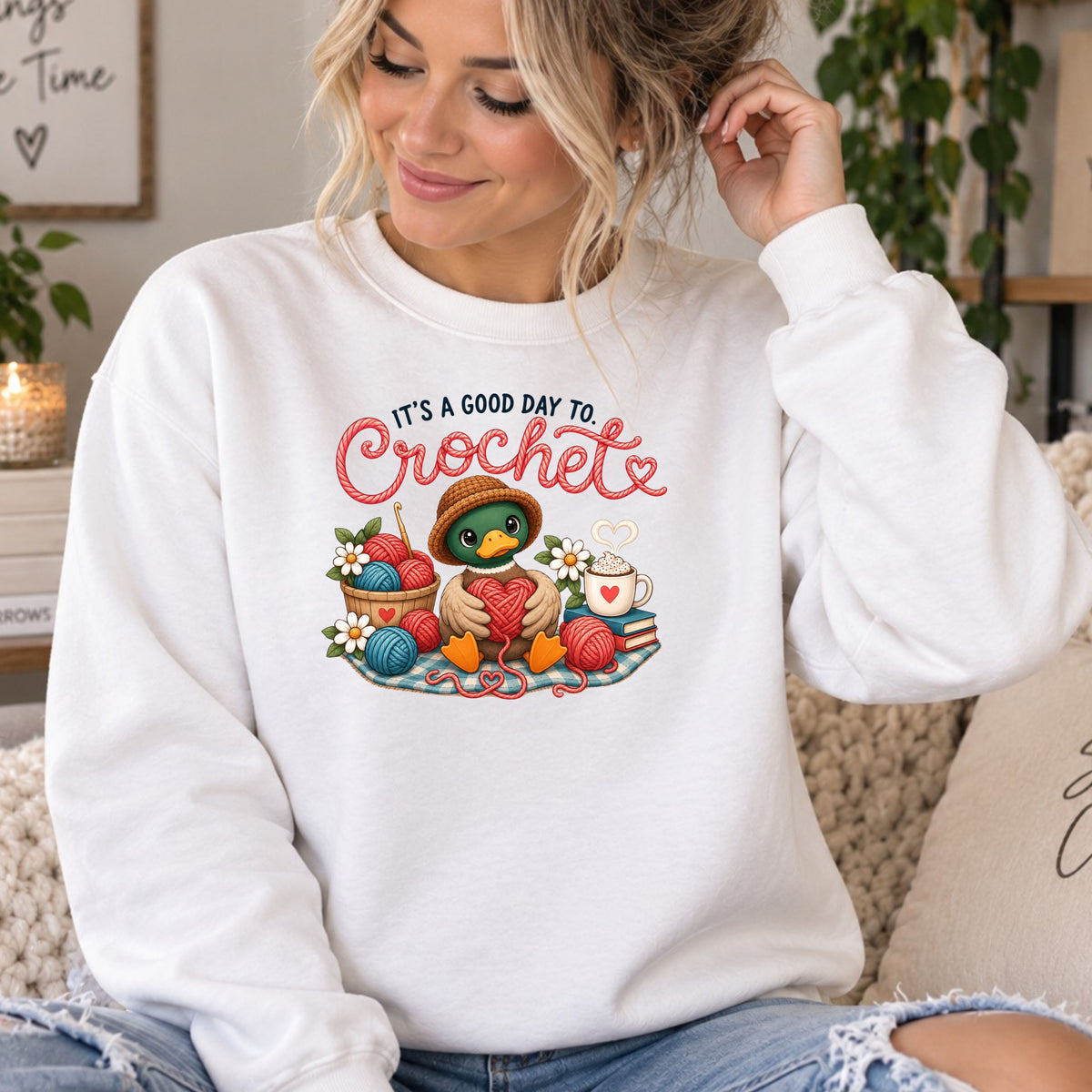 Crochet Crewneck Sweatshirt — "It's a Good Day to Crochet" Cute Duck & Yarn Design