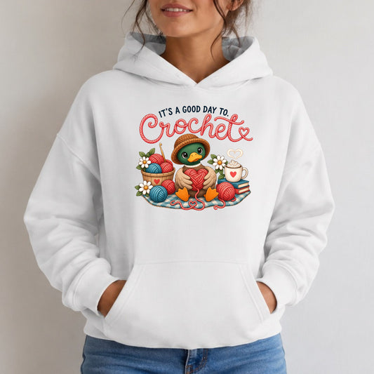 Crochet Cozy Hoodie — “It’s a Good Day to Crochet” Pullover for Crafters